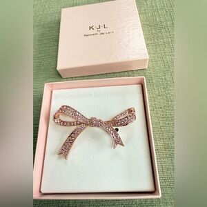Vintage KJL Pink Rhinestone Rose Goldtone Ribbon Bow Breast Cancer Pin Brooch